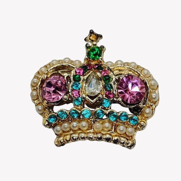Unbranded Jewelry - VTG Crown Shaped Gold Tone Brooch Pink Blue Green Rhinestones w/ Faux Pearls 1"